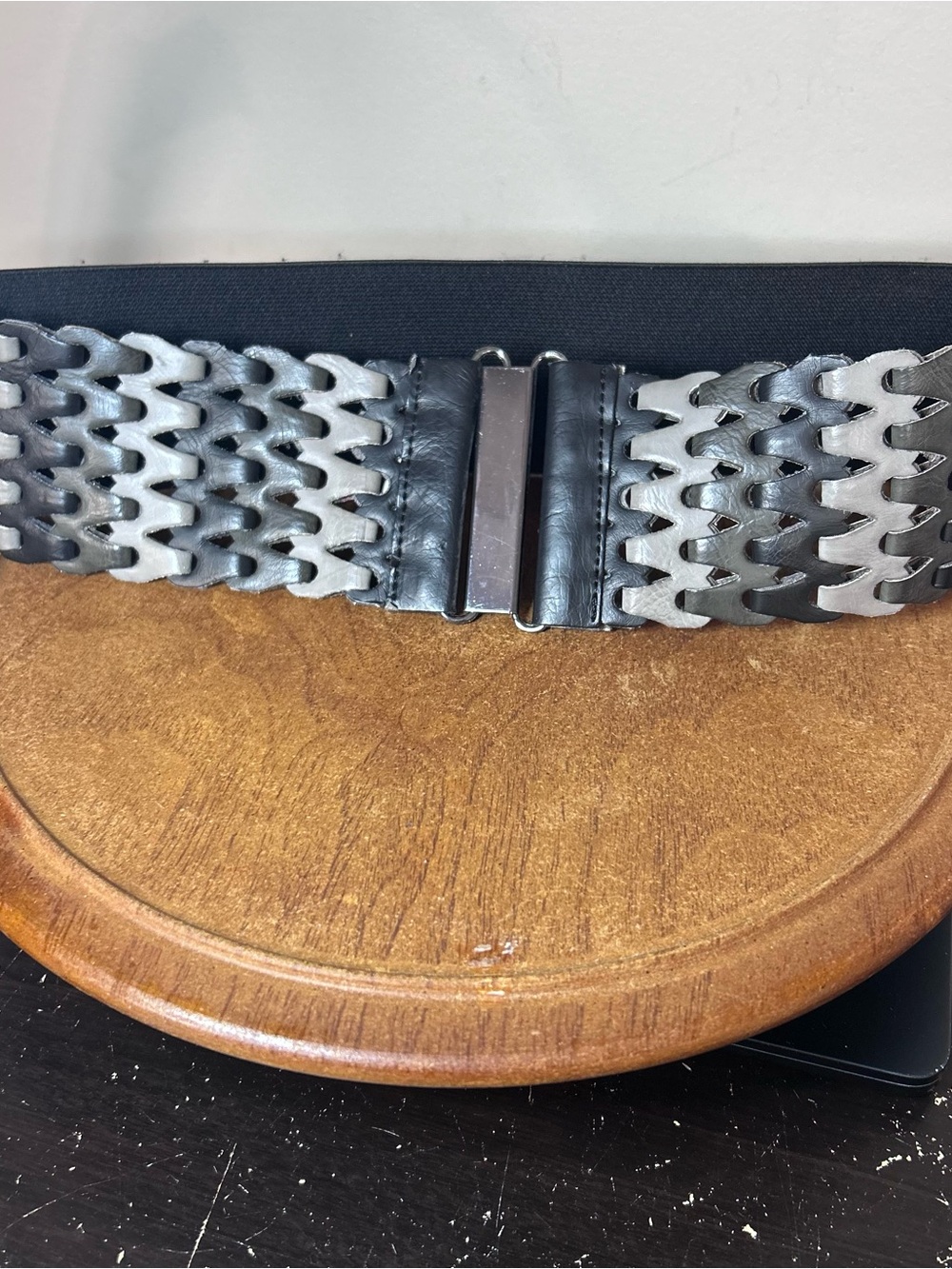 Elastic Waist Belt with Grey-Black Silver Tone Chain Accent 72cm long 7cm wide